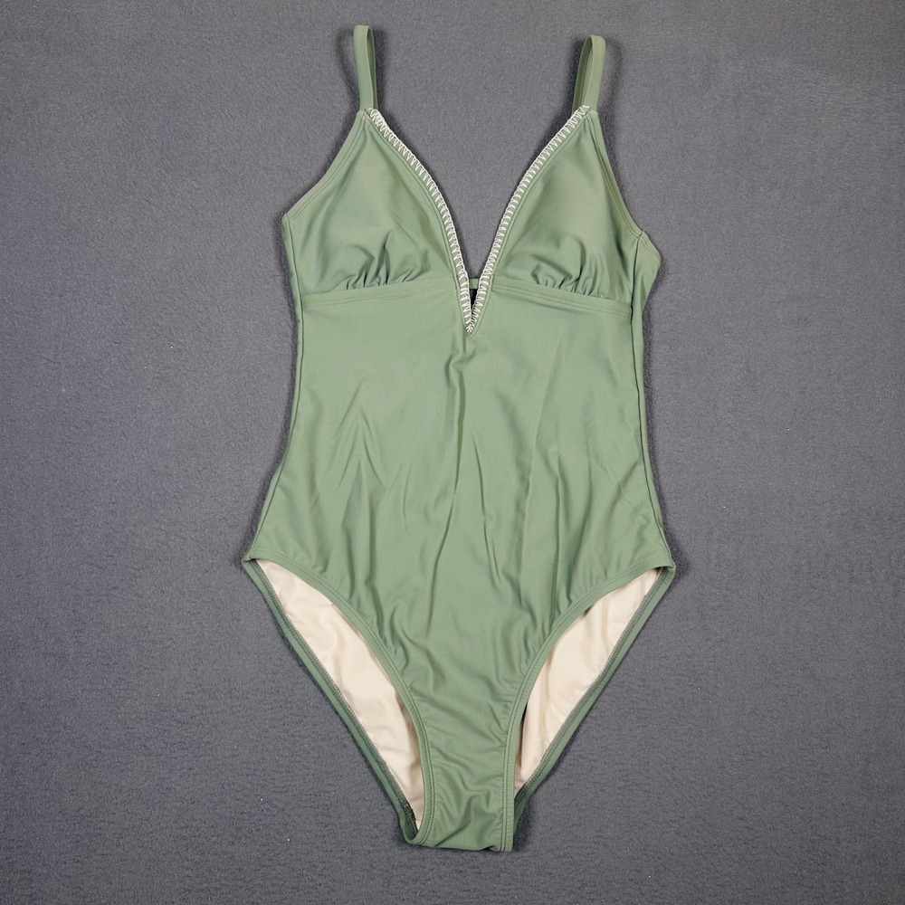 Kona Sol One Piece Swimsuit Womens M Green V-Neck Whipstitch Boho Swimwear